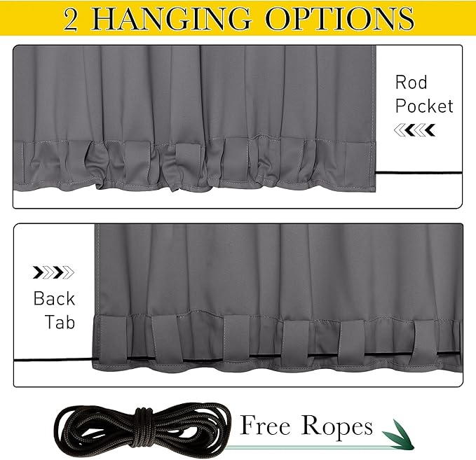 NICETOWN 2 Panels Outdoor Curtains Waterproof Grommet & Back Tab on Top & Bottom, Thermal Insulated Fixed Windproof Blackout Outdoor Drapes Privacy for Patio with Rope for Fixed, W52 x L95, Grey