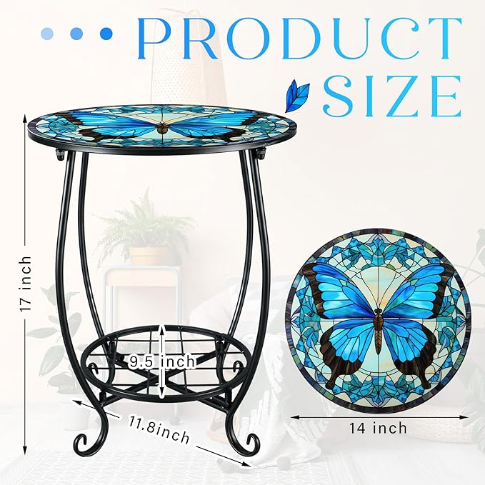 Outdoor Side Table Round Small Mosaic Patio Accent Indoor End Plant Coffee Tea Table for Yard Patio Porch Garden Living Room, Bedroom