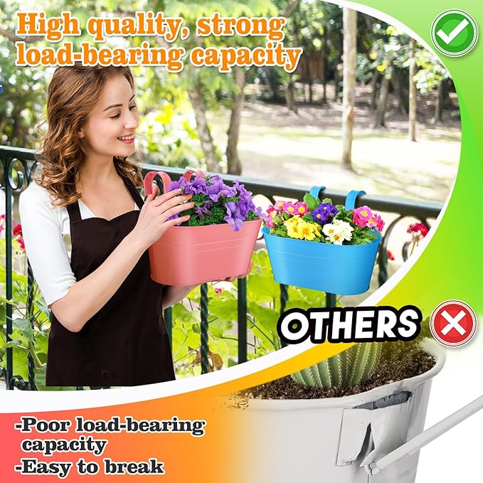 MADHOLLY Railing Planter with Drainage Holes - 6Pcs Sturdy Bucket Pots for Railing Fence, Countryside Style Metal Flower Pots for Herbs Balcony Garden Yard Decor, Colorful