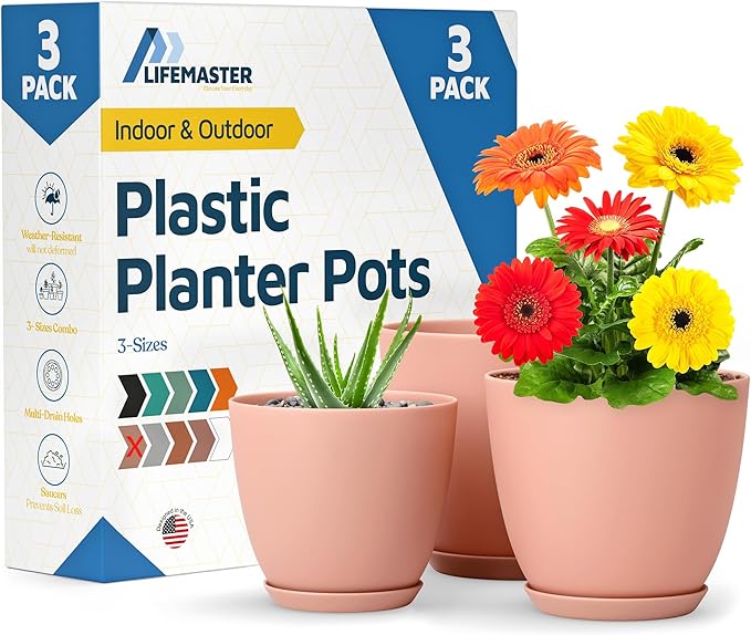 Pink Plant Pots with Drainage Holes & Saucers 3 Pack, Indoor & Outdoor Stackable Space-Saving Planters for Houseplants & Flowers, (7", 6.7", and 6" Inches), Durable & Weatherproof Materials