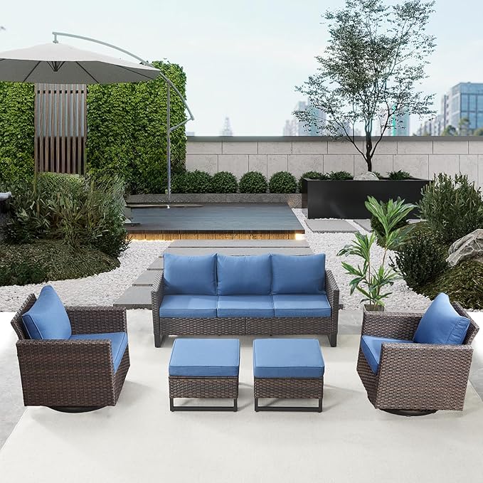 Belord Wicker Patio Furniture 5 Piece Outdoor Sofa Set, Oversize Outdoor Swivel Rocker Chairs with Rattan Ottomans, Conversation Sets Patio Furniture Come with Removable Cushion Blue, Anti-Rust Frame