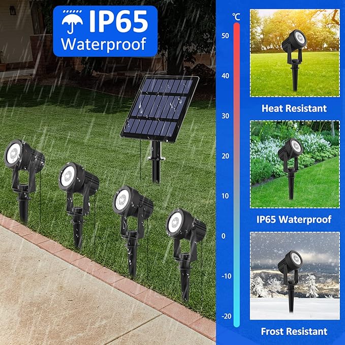 T-SUNUS Solar Christmas Spotlight Outdoor Warm White 3000K, 4-in-1 Spot Lights IP65 Waterproof 9.8ft Cable 5W Separated Panel, Auto On/Off for Garden Flag Tree Patio Yard Driveway Pathway Halloween