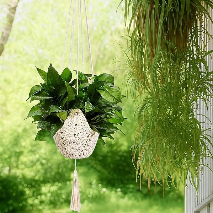 Shappy 1 Pack Jute Crochet Long Plant Hanger for 3 Inch to 12 Inch Pots, Macrame Plant Holder Rope with S Shaped Hooks for Halloween Home Decor (White)