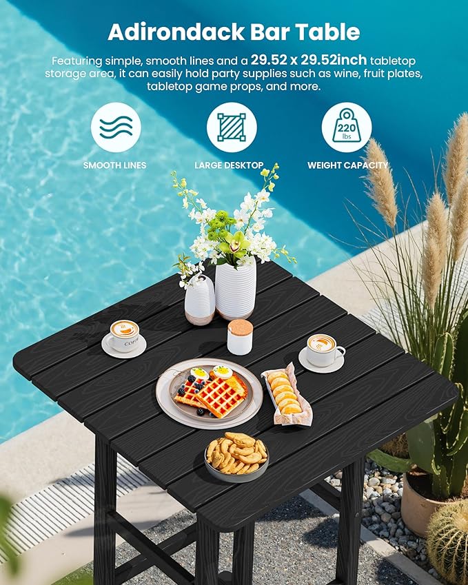 SERWALL 5-Piece Adirondack Bar Chairs Set, HDPE Adirondack Barstools with Pub Table, Outdoor Patio Bar Furniture for Bistro, Balcony, Poolside, Garden - Black