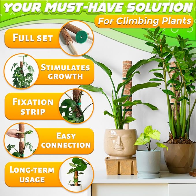 Moss Pole 26.4" Small Monstera Plant Support 2 Pcs Set - Pothos Plant Climber Support with Connectable Design and Fixation Strip - Coconut Fiber Moss Poles for Monstera, Money Plants, Philodendron