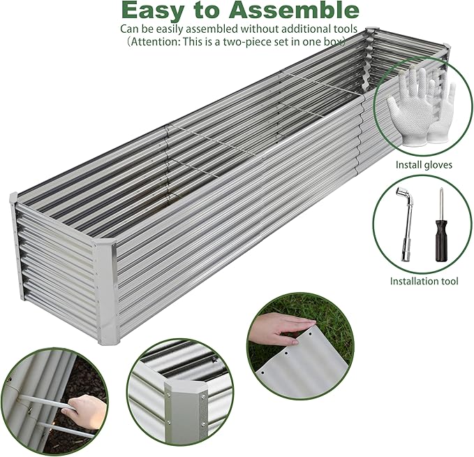 12x2x2ft Raised Garden Beds Outdoor Kit, Galvanized Planter Garden Boxes Outdoor, Metal Raised Garden Beds for Vegetables,Fruits,Herb,Flower,Silver