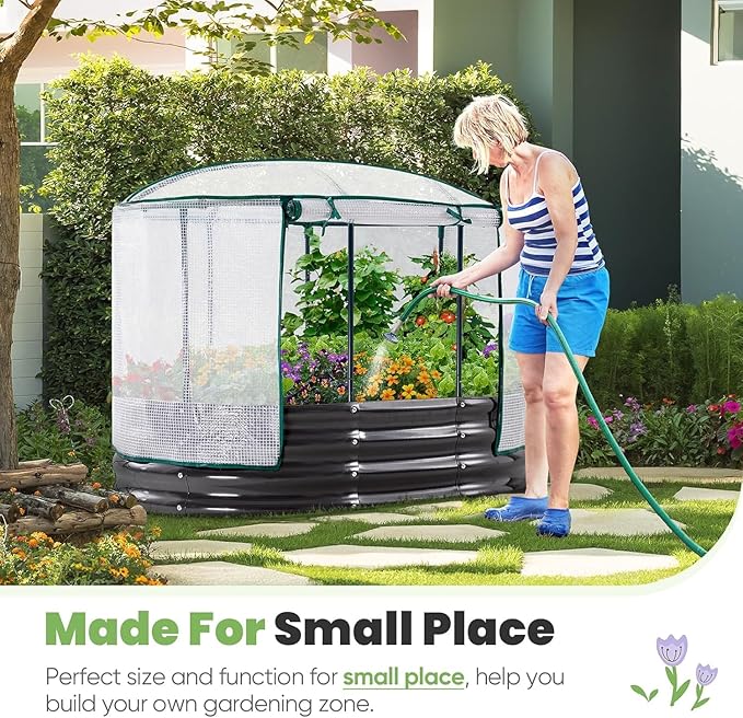 KING BIRD Raised Garden Bed with Cover Galvanized Oval Planter Garden Box Outdoor for Gardening, Vegetables, Flowers White 4x3x1 ft