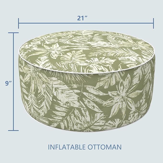 LVTXIII Inflatable Stool Ottoman Footrest with Handle, Decorative Fade-Resistant Foot Stool, Indoor or Outdoor Pouf for Home Garden and Camping Use, D21 x W 21 x H9, Tropical Leaf Green