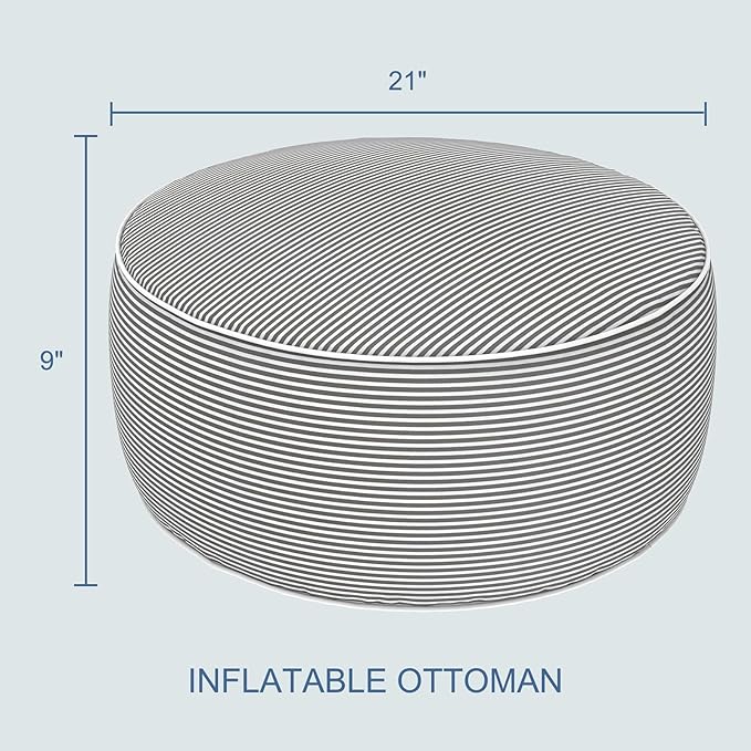 LVTXIII Indoor/Outdoor Inflatable Ottoman with Handle D21 x H9 Inch, Weather-Resistant Round Footstool Pouf for Patio Camping Living Room, Portable Footrest Extra Seating, Topanga Stripe Grey
