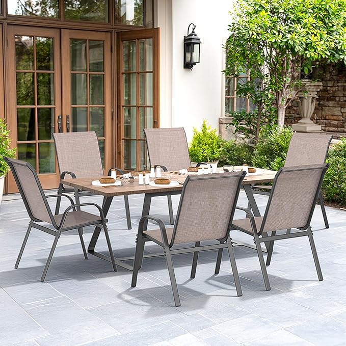 Patio Chairs Set of 6, Easily Set Up Stackable Outdoor Dining Chairs with High Back and Wide Seat, All Weather Breathable Outdoor Chairs Set of 6 with Metal Frame for Backyard Deck Pool, Brown