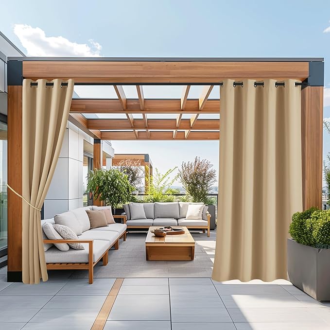 NICETOWN 2 Panels Outdoor Curtains for Patio Waterproof 108" Long, Triple Weave Stainless Steel Silver Grommet Thermal Insulated Privacy Room Darkening for Outdoor Living, Biscotti Beige, W52 x L108