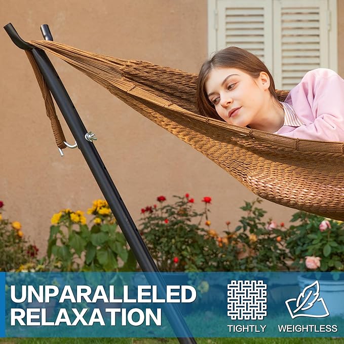 PNAEUT Double Hammocks with Stand for Outside, Portable Space Saving Heavy-Duty Steel Stand for Indoor Outdoor Patio (Mayan Desert)