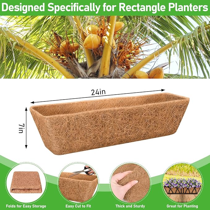 Riare 2 Pack 24 Inch Rectangle Coconut Liners for Planters, Natural Coconut Fiber Planter Liners, Window Box Liner Trough Coco Liner for Outdoor Flower, Garden Wall, Deck & Fence Planter Boxes