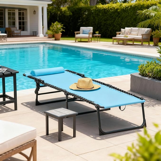 Outsunny Folding Chaise Lounge Chair, Patio Sun Tanning Chair, Outdoor Chaise Lounger with 4-Position Reclining Back, Breathable Mesh Seat for Beach, Poolside, Yard, Blue