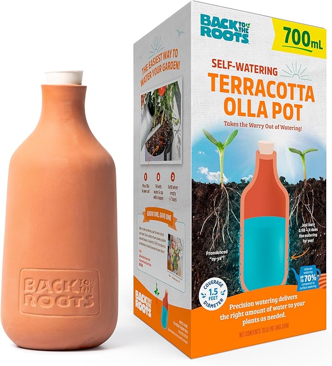 Back to the Roots Self-Watering Terracotta Olla Pot, 700mL Provides 1 Week of Precision Watering