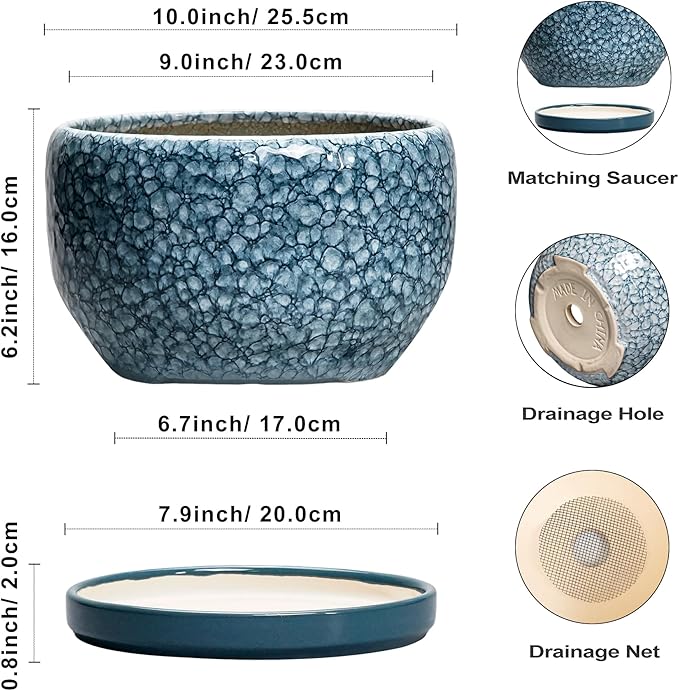 SQOWL Ceramic Planter - 10 Inch Plant Pot Indoor with Drainage Hole and Saucer, Decorative Flower Pots Outdoor, Ceramic Plant Pots, Large Round Planter, Home Patio Decor, House Warming Gifts, Blue
