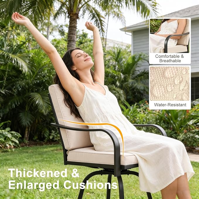Patio Swivel Bar Stools Set of 2, Outdoor Bar Height Swivel Chairs with Cushions for Garden Balcony Backyard, Beige