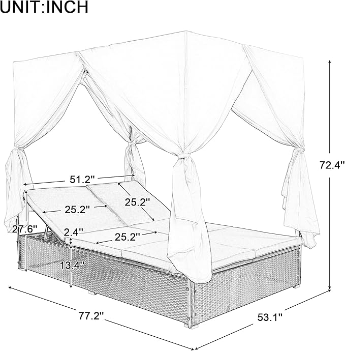 Patio Chaise Lounge, PE Rattan Outdoor Patio Wicker Sunbed Daybed with Adjustable Seats, Four-sided Canopy, Overhead Curtain and Orange Cushions for Backyard, Garden, Poolside (for 2-6 people)