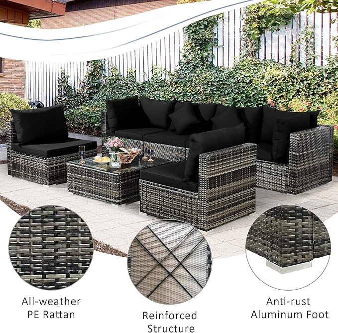 Tangkula 7 Pieces Patio Rattan Furniture Set, Patiojoy Outdoor Conversation Set with Cushions and Tempered Glass Coffee Table, All-Weather Sectional Sofa Set for Garden, Lawn, Backyard (Black)