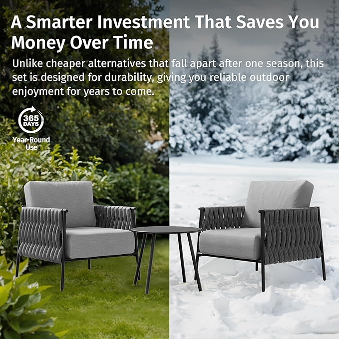 East Oak 3-Piece Patio Furniture Set | Armchairs & Coffee Table | Outdoor Furniture with Cushions | Deep Seating Modern Conversation Set | Garden, Porch, Balcony & Backyard | Misty Grey