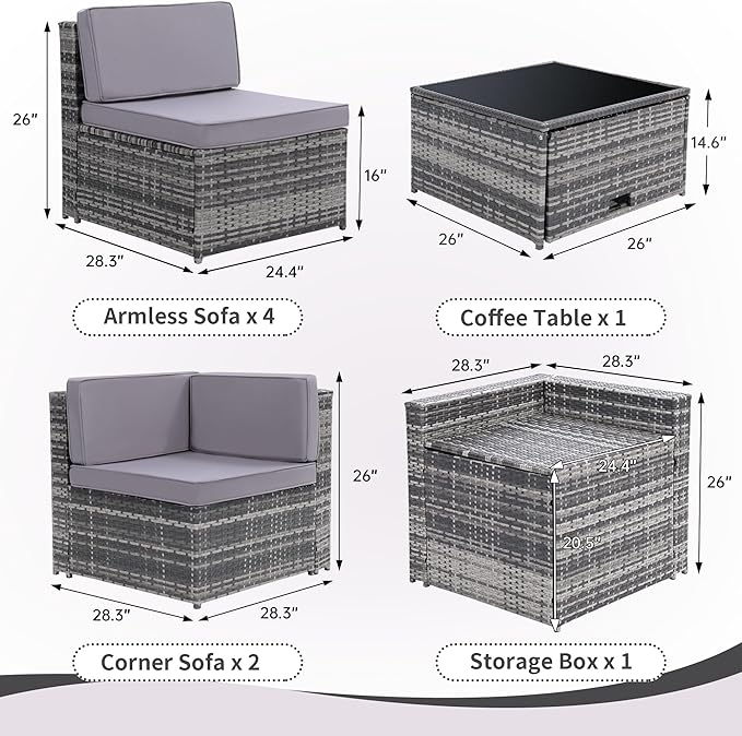 8-Piece Patio Furniture Set, Outdoor Wicker Rattan Sectional with Thick Cushions, Glass Top Table with Hidden Storage, Outdoor Conversation Set for Backyard, Porch, Patio, Light Grey