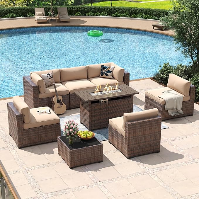 Aoxun 8 Piece Patio Furniture Set with 44” Fire Pit Table Wicker Rattan Outdoor Sectional Sofa Set with Coffee Table and Thickened Cushions, Beige (Waterproof Cover Included)