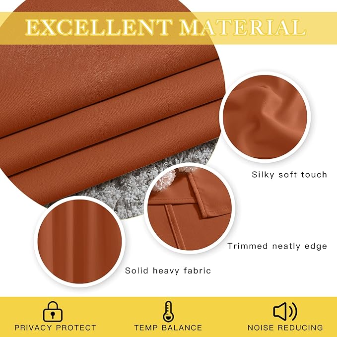 NICETOWN Blackout Burnt Orange Curtain for Bedroom 63 inch Length - Grommet Top Room Darkening Sound Reduction Privacy Thermal Drape for Nursery/Living Room, W52 x L63, 1 Panel