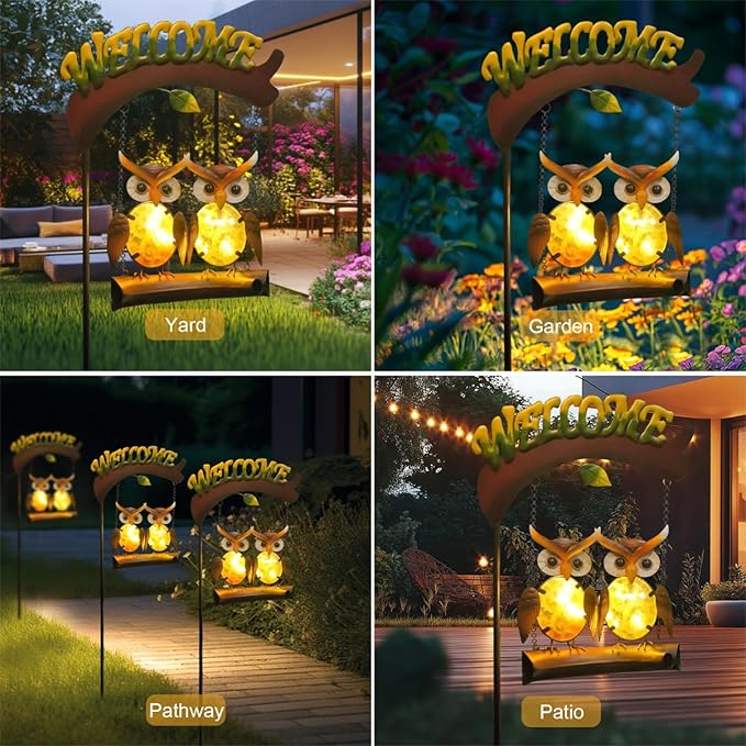 HONGLAND Solar Lights Outdoor Decor, Owl Swing Garden Decor, Owl Gifts for Women Mom, Whimsical Garden Lights Outdoor Decorations with Welcome Sign for Outside Patio Yard Lawn Decor-48inch
