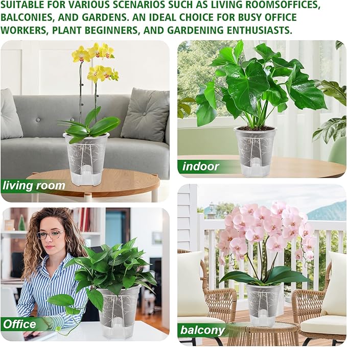 Cdd's Path Large Naked Root Planter Self Watering Pots Set with Holes for Indoor/Outdoor Plants, Planter Pot with Watering Hole/Reservior and Air Pipes (Clear, 8 inch-5 Pack)