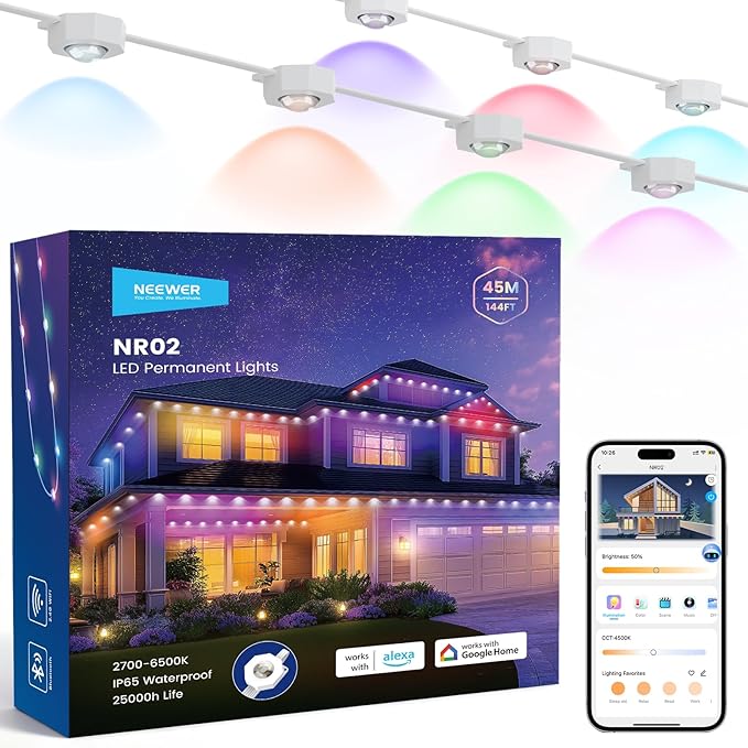 NEEWER 144ft Permanent Outdoor Lights for House Decor, Smart AI RGBCW Outside Eaves String Christmas Lighting with 90 LED Lights App Control 50+ Scenes IP65 Waterproof, Compatible with Alexa, NR02
