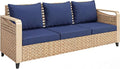 Outsunny Outdoor Patio Couch with Wide and Deep Seat, 3 Seater Wicker Outdoor Sofa with Wide Metal Armrests, Patio Furniture Couch with Cushions for Porch, Garden, Backyard, Dark Blue | Removable Covers