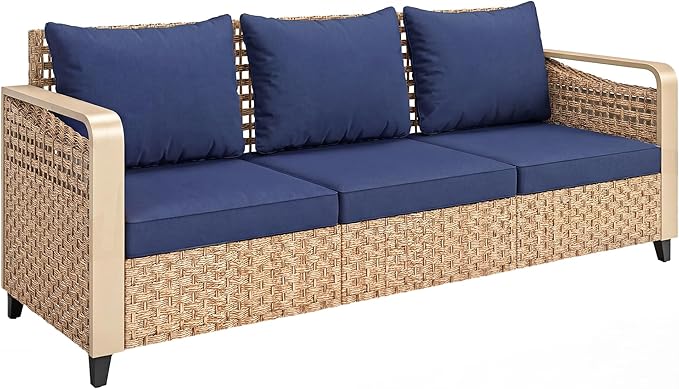 Outsunny Outdoor Patio Couch with Wide and Deep Seat, 3 Seater Wicker Outdoor Sofa with Wide Metal Armrests, Patio Furniture Couch with Cushions for Porch, Garden, Backyard, Dark Blue | Removable Covers