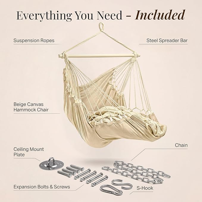 Indoor Hanging Chair for Bedroom, Patio, Porch or Room - Hammock Swing Chair - Outdoor & Indoor Swing for Adults - Quick & Easy Setup with Hardware Kit – Spacious Full Body Support – Holds 440 Lbs