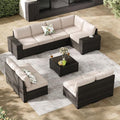 Jing's Villa 10-Piece Patio Furniture Set, All-Weather Outdoor Wicker Sectional Sofa with Cushions, Glass Table & Left and Right Armrest, Rattan Conversation Seating for Porch, Garden, Backyard,Beige