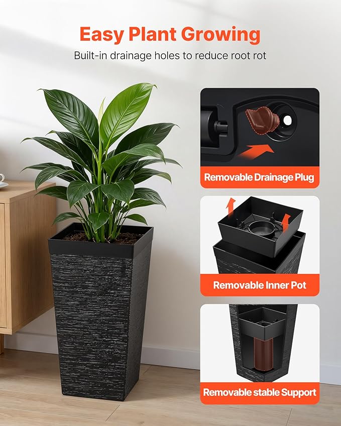 VEVOR Set of 2 Tall Planters for Outdoor Plants 23 inch, Black Tall Planter for Indoor Plants, Modern Planters for Front Porch Patio Balcony, Plant Container Flower Pots with Built-in Drainage