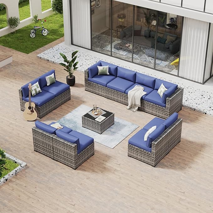 Aoxun 11 Piece Patio Furniture Set Wicker Rattan Patio Conversation Set Outdoor Sectional Sofa Set with Coffee Table and Thickened Cushions, Gray/Blue(Waterproof Cover Included)