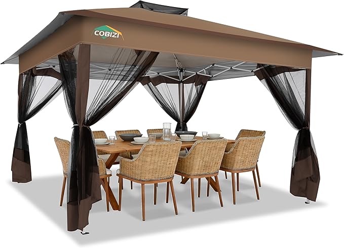 COBIZI 13x13 FT Pop up Gazebo on Clearance - Outdoor pop up Canopy Tent,carpas para Patio, Shelter - Screen Tents with Portable Carry Bag, Patio Gazebos for Camping,Garden,Deck,Backyard,Brown