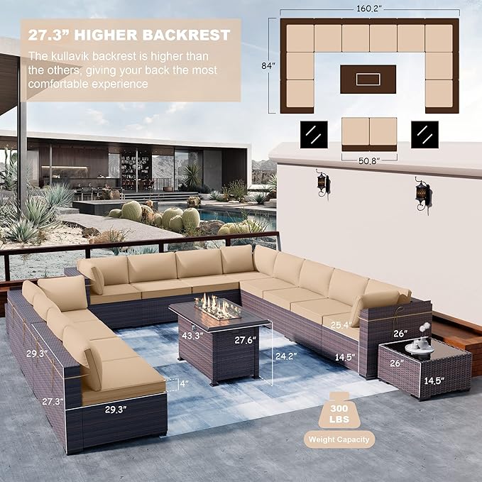Kullavik 15 Pieces Outdoor Patio Furniture Set with 43" 55000BTU Gas Propane Fire Pit Table PE Wicker Rattan Sectional Sofa Patio Conversation Sets,Sand