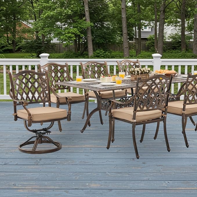 9-Piece Cast Aluminum Patio Furniture, Outdoor Dining Sets for 8 Include 87" Rectangular Patio Dining Table, 6 Stackable Chairs & 2 Swivel Chairs with Cushions & Umbrella Hole(Bronze)