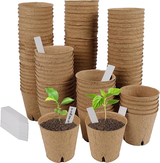 winemana 100 Pack Seed Starter Tray Kit, Biodegradable Peat Pots for Seedling with 100 Plant Labels, Plant Garden Germination Tray for Flower Vegetables Succulents (3" x 3")