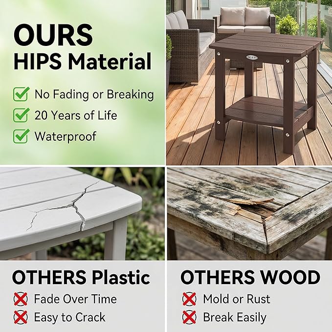 Y&M Outdoor Side Table, HIPS Adirondack Small Double Layer Table, Waterproof Square Outside Table, Balcony End Tables for Patio, Pool, Porch, Deck, Indoor or Outdoor Use, Coffee