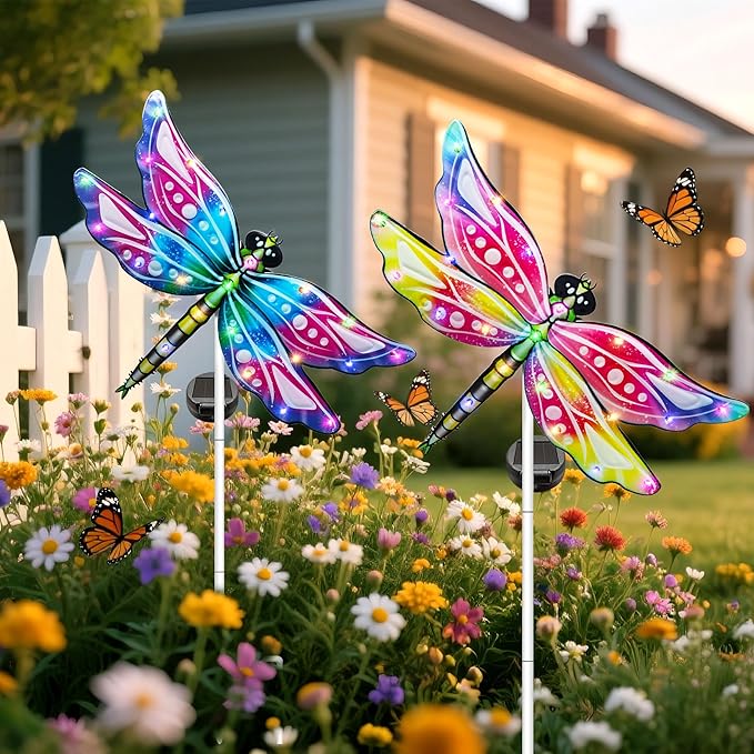 Hexagram Dragonfly Garden Decor, Dragonfly Garden Stakes Set of 2, Gardening Gifts Solar Stake Lights Decorations, Light for Patio Yard Lawn Home Pathway Decor