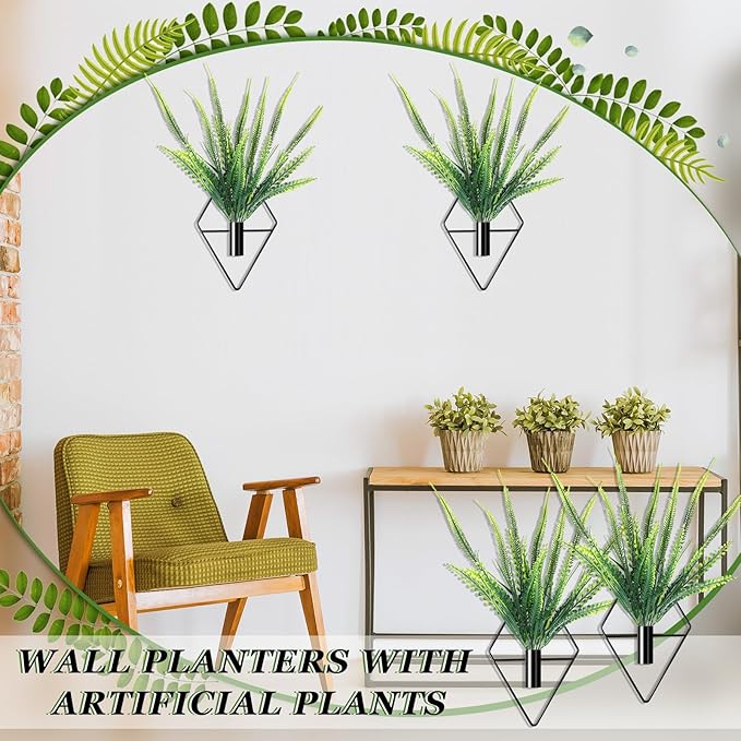2 Pieces Black Wall Decor Hanging Planters with Artificial Plants Metal Hanging Vase Indoor Plants Holder Modern Geometric Wall Art for Bathroom Bedroom Living Room Decor(Boston Fern)