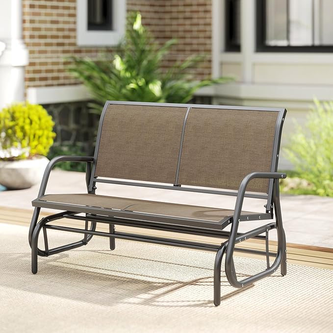 Outsunny 2-Person Outdoor Glider Bench, Patio Double Swing Rocking Chair Loveseat w/Powder Coated Steel Frame for Backyard Garden Porch, Light Mixed Brown