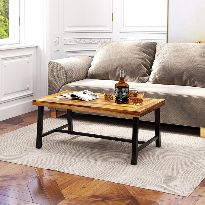 Tangkula Outdoor Acacia Wood Coffee Table, Rectangle Rustic Accent Table with Thickened Top & Heavy-Duty Metal Legs, for Patio, Deck, Garden, Natural