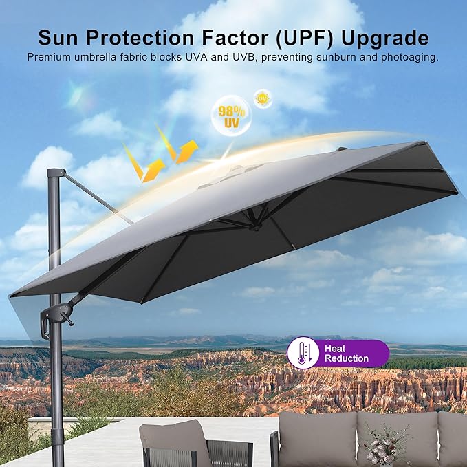 PURPLE LEAF 10' X 13' Rectangle Patio Umbrella with Base Outdoor Large Aluminum Cantilever Umbrella with 3-Year Fade Resistance Recycled Fabric and 360-degree Rotation for Deck Pool Garden, Mist Grey