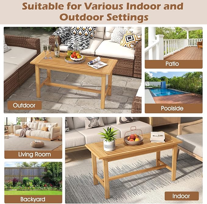 Tangkula 36” Patio Coffee Table, Solid Wood Coffee Table with Slatted Tabletop, Outdoor Rectangular Side Table, Solid Teak Wood Cocktail Tea Table, Home Accent Table for Poolside, Backyard, Garden