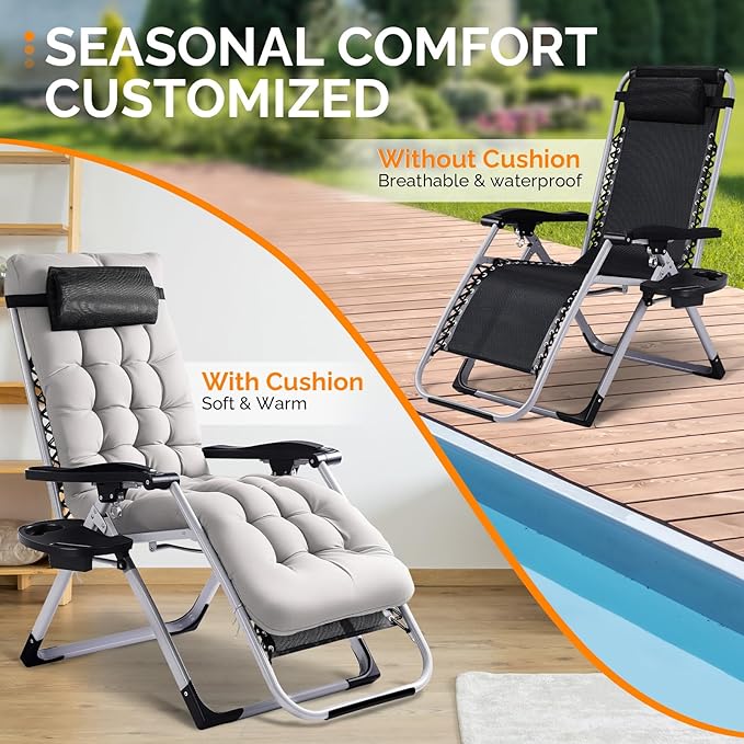 VINGLI Padded Zero Gravity Chair, Lounge Chair with Removable Cushion & Tray， Folding Reclining Patio Chairs， Recliner Chair for Lawn，Indoor and Outdoor