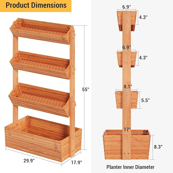 Vertical Wooden Raised Garden Bed Planters Wood Planter Kit Plant Stand Flower Rack Planter Box Gardening for Plants Herbs Flowers Vegetables Outdoor Indoor Freestanding (Orange 4-Tier)