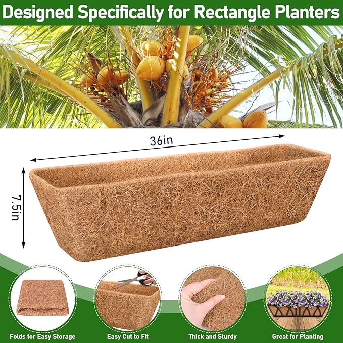 Riare 2 Pack 36 Inch Rectangle Coconut Liners for Planters, Natural Coconut Fiber Planter Liners, Window Box Liner Trough Coco Liner for Outdoor Flower, Garden Wall, Deck & Fence Planter Boxes